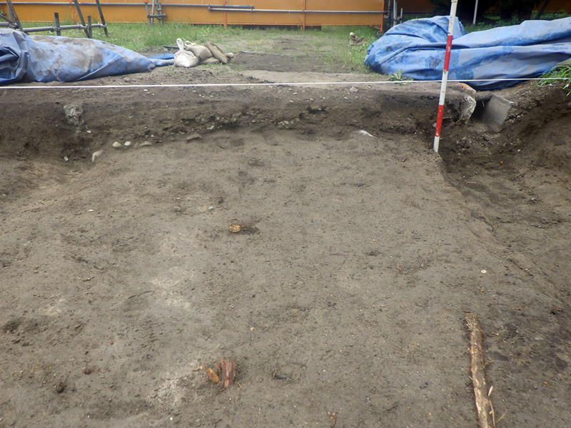 北壁面にのこる礫敷舗装の断面（南から）