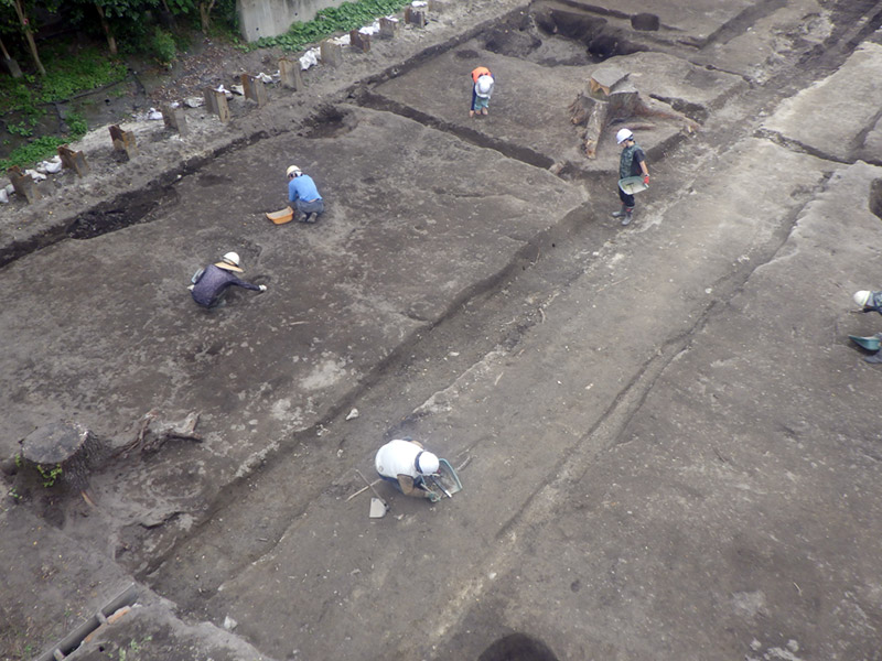 調査区の東北部を清掃中（北から）